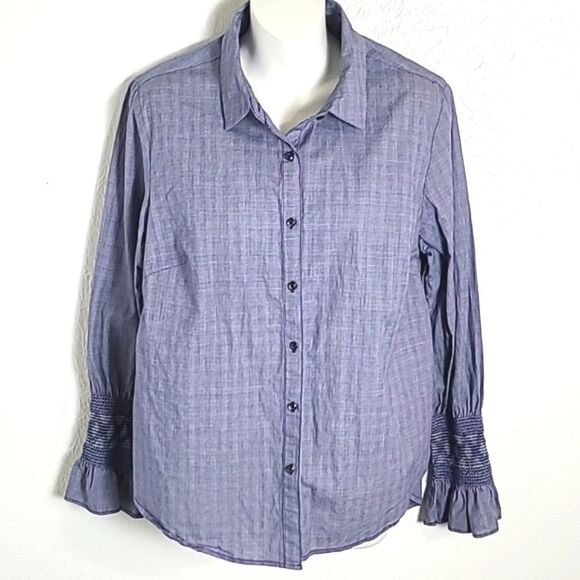 Zac & Rachel Blue Buttondown Shirt, Longsleeve WideElastic Cuff/Ruffle,Sz Large - Picture 1 of 6